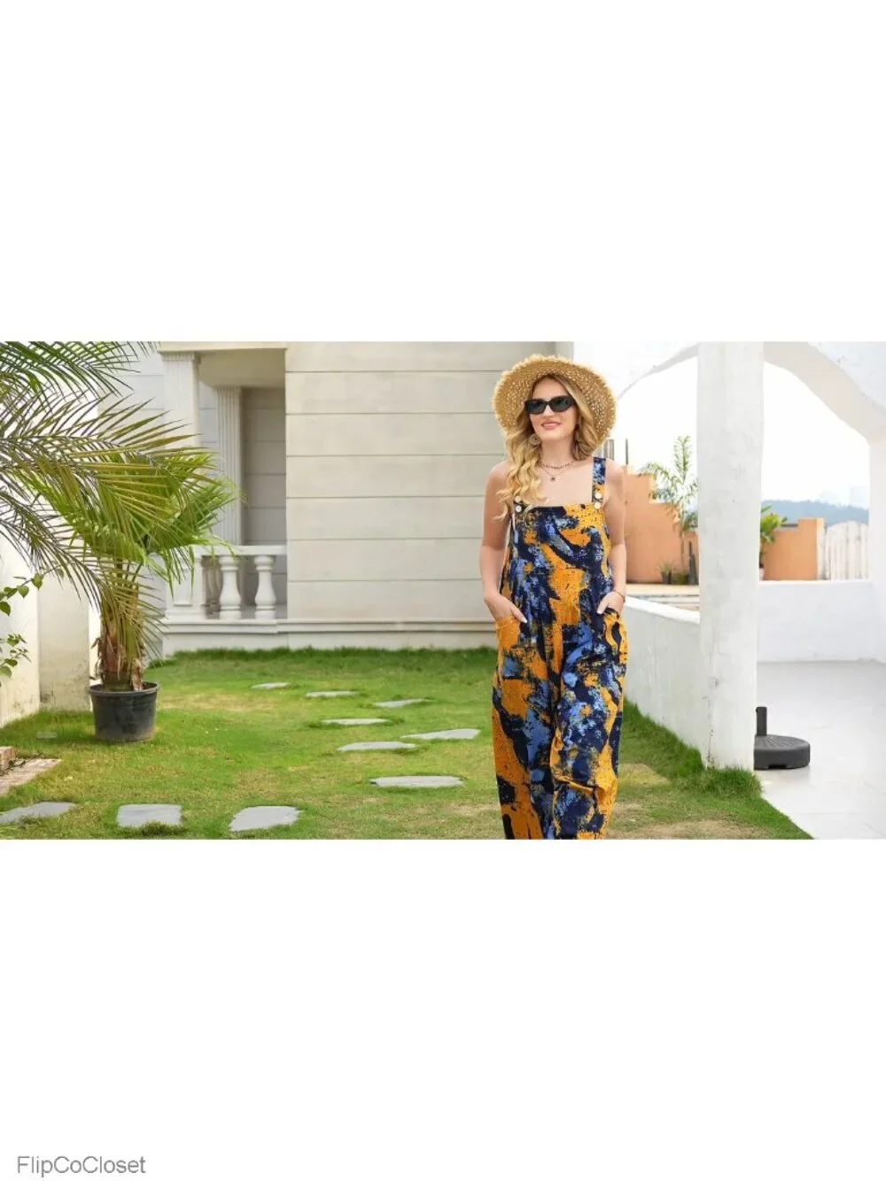 Women's Casual Wide Leg Overall Jumpsuit with Pockets Boho Floral Cotton Romper